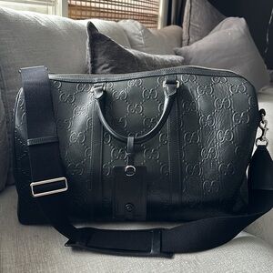 GUCCI Weekender GG Embossed Duffle Bag Large Travel Tote 100% Auth Luggage Purse